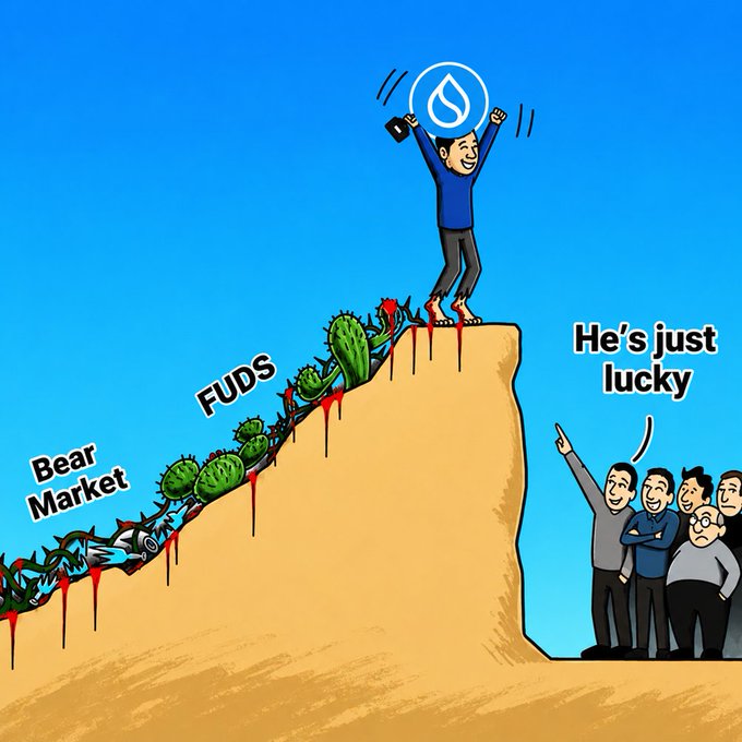 A cartoon depicts a triumphant SUI holder standing atop a bloody cactus-strewn cliff labeled "Bear Market" and "FUDS," wearing a SUI token hat, while a crowd of onlookers dismiss his success with the words "He's just lucky." The image illustrates unwavering conviction in SUI despite treacherous market conditions and skepticism from others.