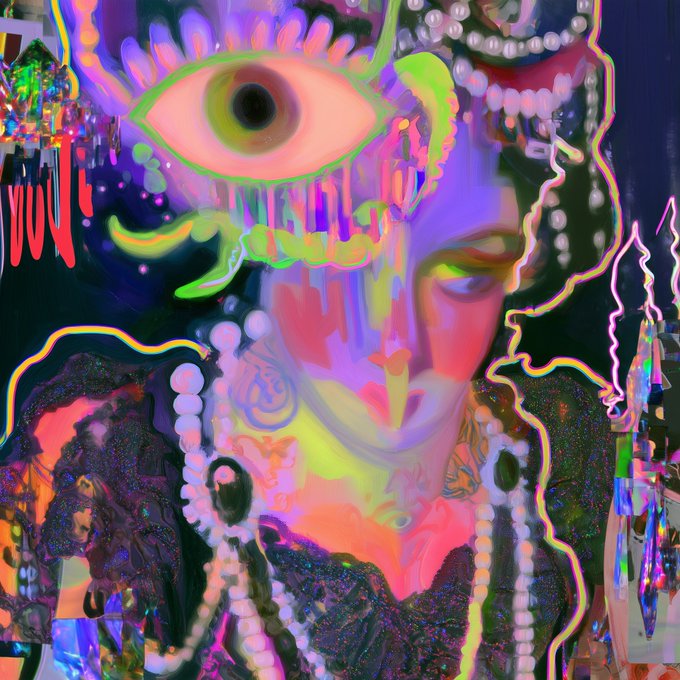 A psychedelic, surreal digital artwork featuring a face with multiple eyes, neon colors including pink, green, and purple, with abstract beaded and flowing patterns.