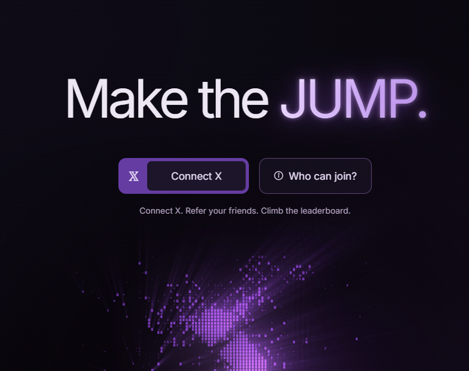 A dark webpage interface displaying 'Make the JUMP.' in large white and purple text, featuring a purple 'Connect X' button, a 'Who can join?' button, and the tagline 'Connect X. Refer your friends. Climb the leaderboard.'