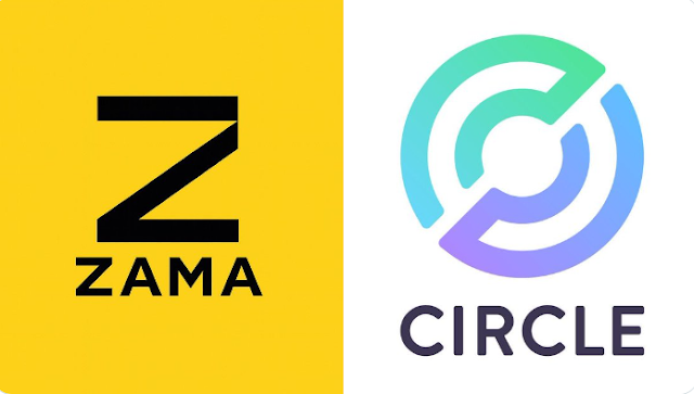 The image features two logos positioned side by side, one being the letter "Z" and the other an illustration of a circle. Below these logo sets down $12.6M worth of cUSDC funds has been frozen after a court ordered Circle to blacklist Zama's confidential USDC contract amid a legal battle tied to Overnight Finance. The move has temporarily locked funds in the contract, with Zama stating it is reviewing the situation.