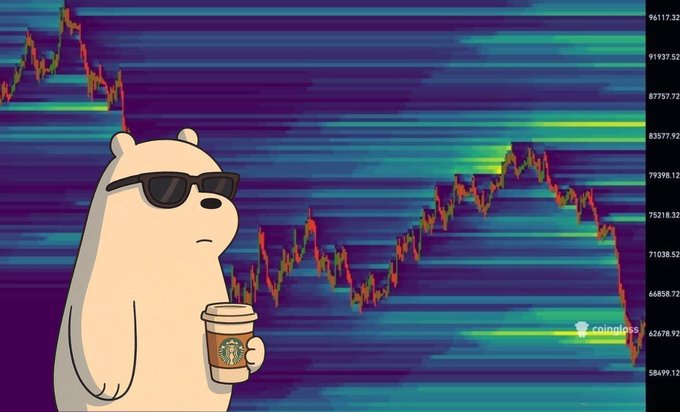 The image features a cartoon bear wearing sunglasses holding a Starbucks drink while standing near a financial graph with a significant dip or decline in value. The bear appears to be enjoying its beverage, seemingly oblivious to the market's fluctuations, as an overlay of Bitcoin Liquidity data reveals a key zone that is likely being actively monitored by investors and traders for potential trading opportunities. This zone could indicate that markets are experiencing a sudden shift or a major financial event related to Bitcoin, which might have caused this dip in value according to the given information.