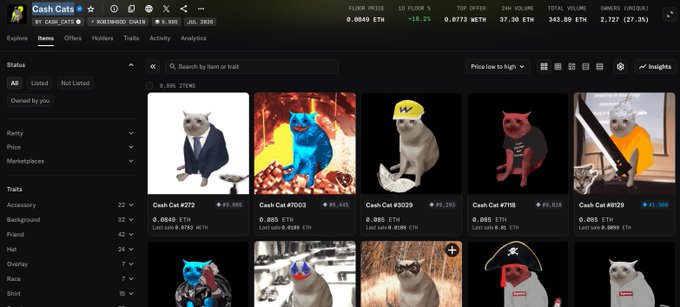 A Cash Cats NFT marketplace listing page displays various cat-themed NFT items priced in ETH, including Cash Cat #272 (#9,605), Cash Cat #7003 (#9,445), Cash Cat #3029 (#9,260), Cash Cat #7115 (#9,918), and Cash Cat #8125 (#11,900), with the floor price at 9,990 ETH. The post references a 10X return on this NFT collection, lamenting an early sale that prevented further profit.