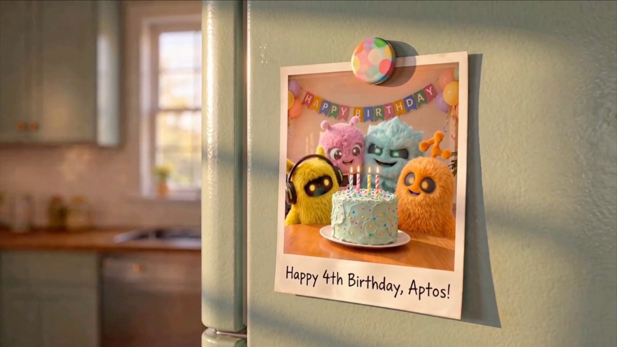 A Polaroid-style photo is magnetically attached to a green refrigerator, showing colorful fuzzy monster characters around a birthday cake with the text 'Happy 4th Birthday, Aptos!'.