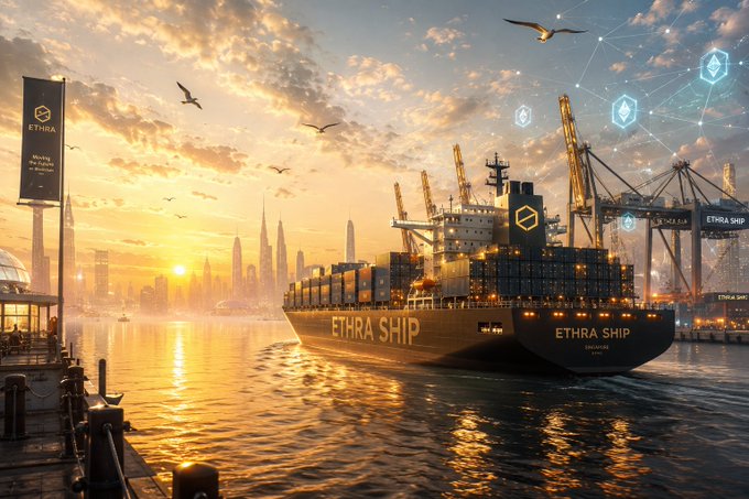 A digital illustration of a large cargo ship labeled "ETHRA SHIP" docked at a port during sunset, with a city skyline in the background and blockchain/hexagon network graphics floating in the sky.