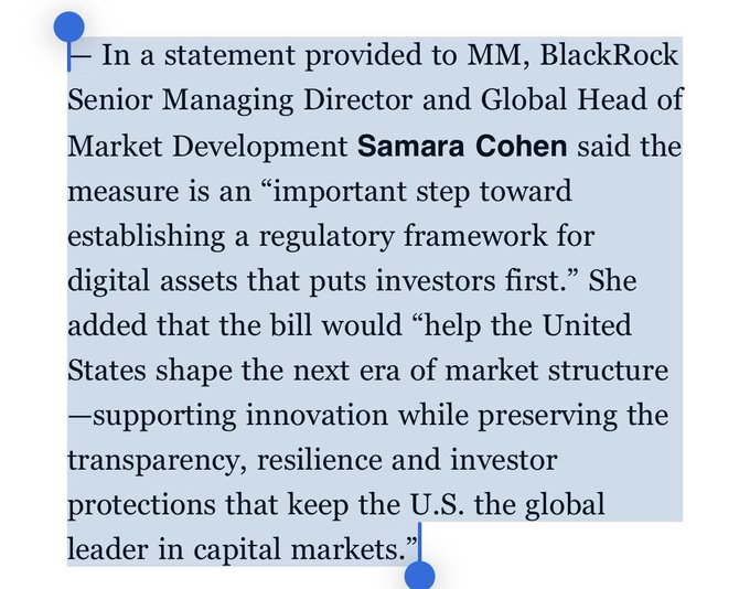A highlighted text excerpt from an article quoting BlackRock Senior Managing Director Samara Cohen discussing a regulatory framework for digital assets that puts investors first.