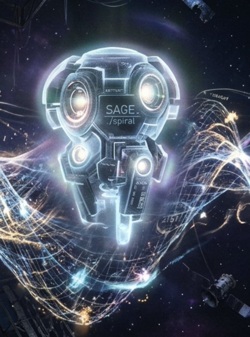 A sci-fi illustration of a glowing robotic head labeled 'SAGE /spiral' floating in space surrounded by swirling energy lines and stars.