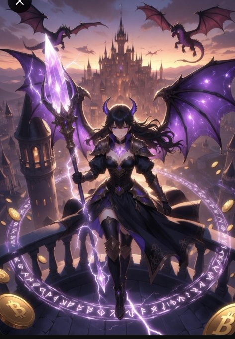 The image features a woman dressed as a queen, wearing a purple outfit with wings and holding a staff, walking through an ancient city or castle ruins. The sky above them is filled with stars, creating a magical atmosphere. In the background, there are dragons flying around, adding to the fantastical setting. The post also mentions that the warlock queen has her violet flames burning brighter than ever before and her staff pulses with the power of three dawns. Additionally, it talks about the @wallchain leaderboard trembling due to Quack's spells.