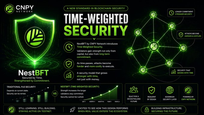 A green-themed infographic for 'CNPY NETWORK' introducing 'NestBFT' with the headline 'TIME-WEIGHTED SECURITY,' detailing how traditional Proof of Stake security compares to the new time-weighted approach.