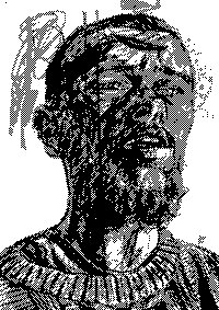 A grainy, high-contrast black and white image showing a person wearing a textured sweater.