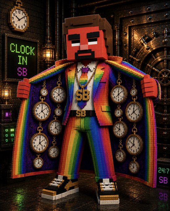 A Minecraft-style 3D character with a red face wearing a rainbow-colored pinstripe suit and an oversized rainbow coat decorated with numerous pocket watches, standing in a steampunk-themed room with a 'CLOCK IN SB' digital sign.