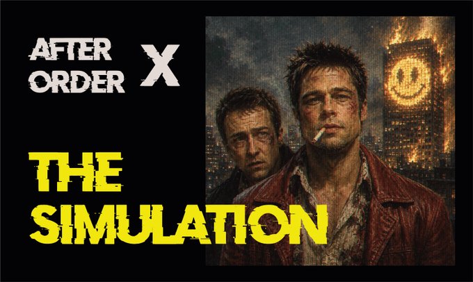 The image is a promotional graphic for a collaboration announcement between "AFTER ORDER" and "THE SIMULATION," featuring the text "AFTER ORDER X" and "THE SIMULATION" in bold lettering alongside a movie poster-style image of two rugged men with a burning smiley-face building in the background. The gritty, post-apocalyptic aesthetic of the artwork visually reinforces the post's message about an FCFS whitelist giveaway for holders of "THE SIMULATION" collection by @0x_vertigo, with the screenshot date of August 20 highlighted.