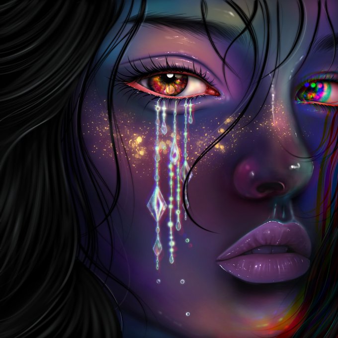The image features a close-up of a woman's face with purple makeup, including some tears streaming down her cheeks. The background is dark blue, which contrasts with the lighter purple tones of the woman's face. The image also includes text that reads "Gm I'm Not Crying Part of new collection #ChaosAndCalmObjkt Goes live #9pm UTC ED:20/20 15". This suggests that the image might be related to a makeup tutorial or collection launch, with the woman's emotional state being emphasized through her tears and the dark background.