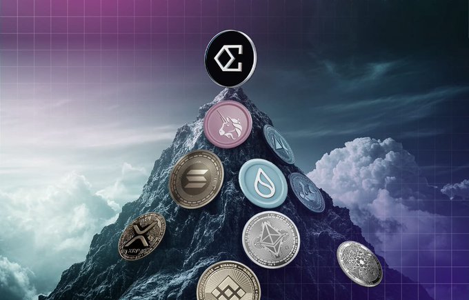 A digital artwork showing various cryptocurrency coins stacked on a dark mountain peak, including Solana and Ethereum logos, set against a purple sky with clouds.