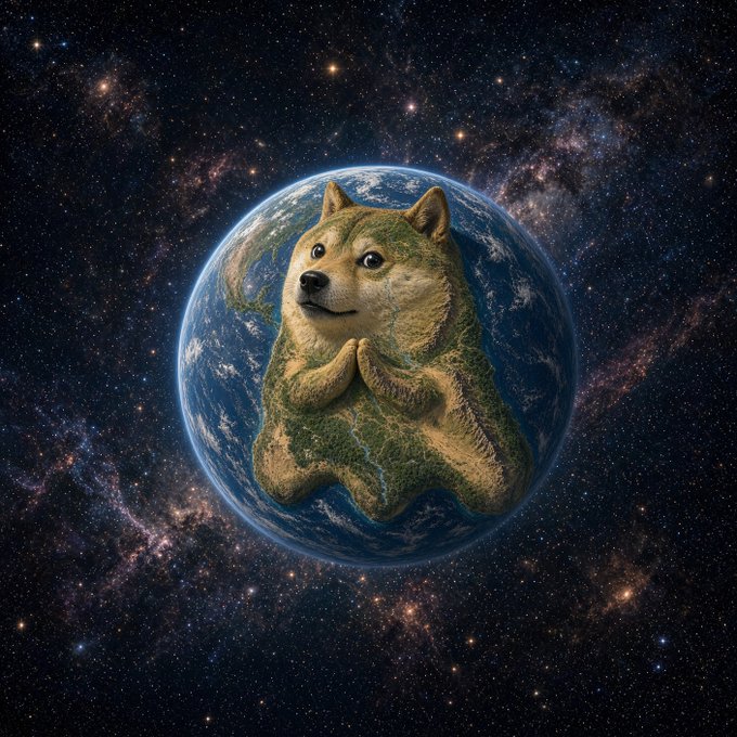 A creative image showing Earth from space with a Shiba Inu dog's face and body emerging from the planet's surface, paws pressed together in a prayer-like pose, set against a starry cosmic background.