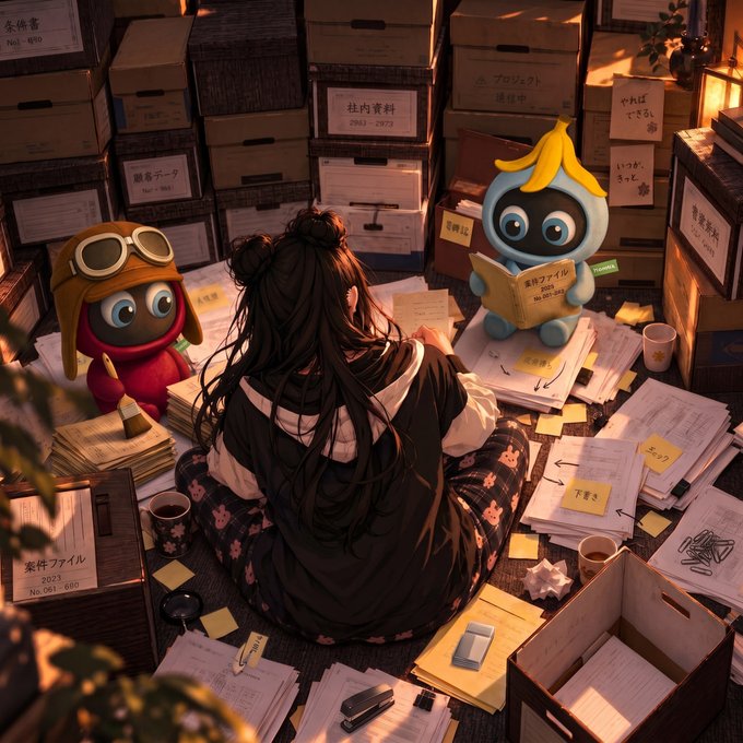 An anime-style illustration of a girl with long dark hair sitting among stacks of boxes and scattered documents, accompanied by two small mascot characters, one wearing aviator goggles and another reading a book.