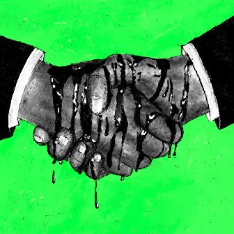 The image features a black and white illustration of two hands shaking hands, with each hand dripping with black paint or ink. The background color is green, which contrasts with the monochromatic theme of the artwork. The caption below the image reads "Persona by @RuptureNFT Fine Art on Bitcoin". This suggests that the artist has created this piece as a commentary on the concept of digital currency and its impact on traditional forms of exchange or payment.
