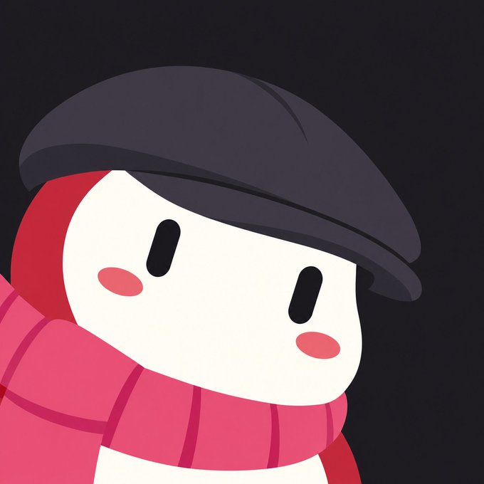 A cute cartoon character with a white face, pink cheeks, a dark beret-style hat, and a pink scarf against a dark background.