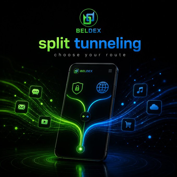 A Beldex promotional graphic advertising 'split tunneling' with the tagline 'choose your route', featuring a smartphone displaying the app with icons for security, browsing, music, shopping, messaging, and email.