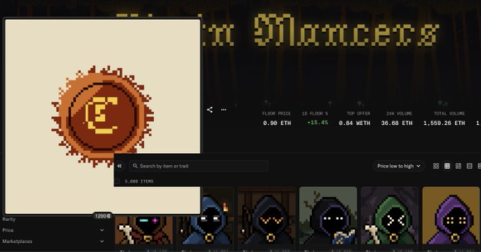 A screenshot of the OpenSea NFT marketplace showing "Floor price 0.00 ETH" and "Total volume 1,559.26 ETH" alongside hooded character NFT thumbnails, with an orange "E" logo overlay representing the Ethos browser extension that reportedly causes display issues. The image illustrates the broken marketplace view that the Ethos extension is said to cause.