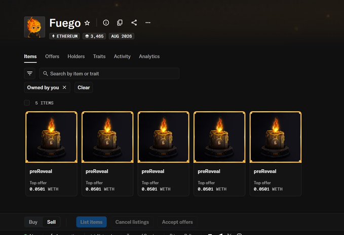Screenshot of a NFT marketplace page for the "Fuego" collection on Ethereum, showing 3,465 holders and 5 items owned, each valued at a top offer of 0.0501 WETH and labeled "preReveal."

The image displays the user's owned Fuego NFTs at their current floor offer price of 0.0501 WETH each, providing context for the minting decision mentioned in the post where 3,536 of 5,555 have been minted during the GTD phase.