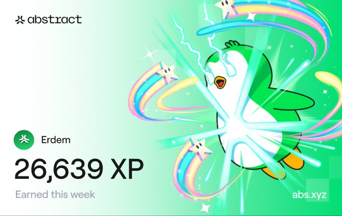 A digital achievement card from 'abstract' displaying the username 'Erdem' with '26,639 XP Earned this week' alongside an illustrated penguin mascot shooting energy beams surrounded by rainbows and stars.