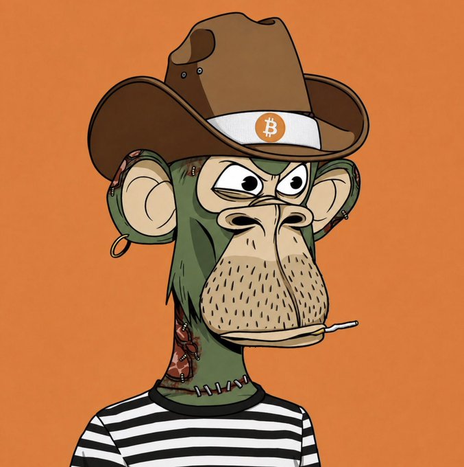 A cartoon illustration of a zombie-like monkey with exposed brain and stitches on its neck, wearing a brown cowboy hat with a Bitcoin logo band, a striped shirt, and an earring, with a cigarette dangling from its mouth.