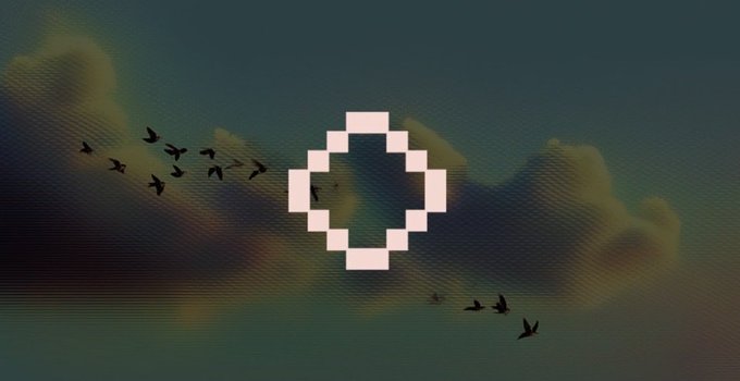 The image displays an abstract design featuring a white diamond shape surrounded by several black birds flying against a blue sky with white clouds. The birds are scattered throughout various positions within the diamond shape, creating an impression of movement or dynamic energy.
