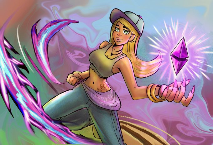 A colorful digital illustration depicts a blonde woman wearing a cap and tank top, summoning purple, glowing energy blades and a floating crystal.