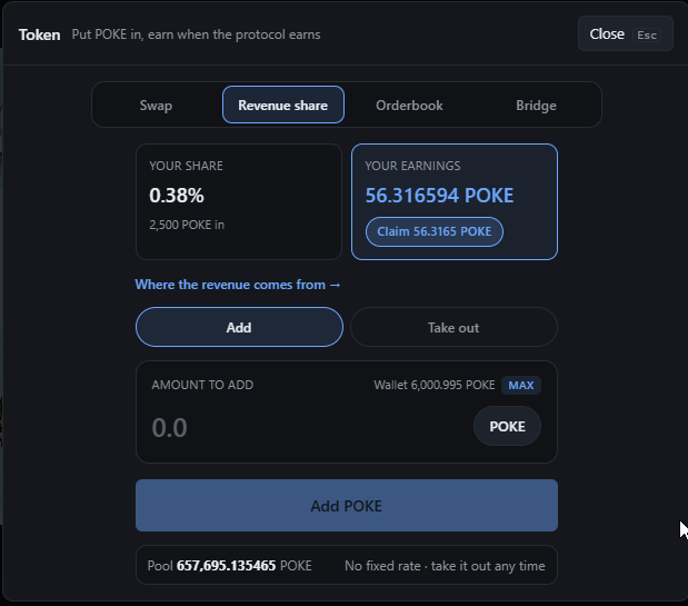 DeFi interface showing a 'Revenue share' tab for POKE token with 0.38% share, 56.316594 POKE earnings, and a pool of 657,695.135465 POKE.