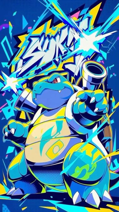 A blue Blastoise Pokémon is depicted in a dynamic comic-book style pose, firing its water cannons amid bold "ZKKK" sound effect graphics in yellow and blue. The vibrant, action-packed artwork complements the energetic "GM Squad!" greeting, evoking a pumped-up, ready-for-the-day vibe.