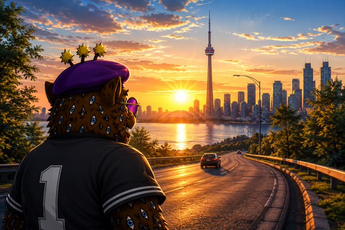 A stylized illustration of an anthropomorphic leopard wearing a purple beret with stars and sunglasses, sporting a jersey with the number 1, looking out over a sunset view of a city skyline with a prominent CN Tower.