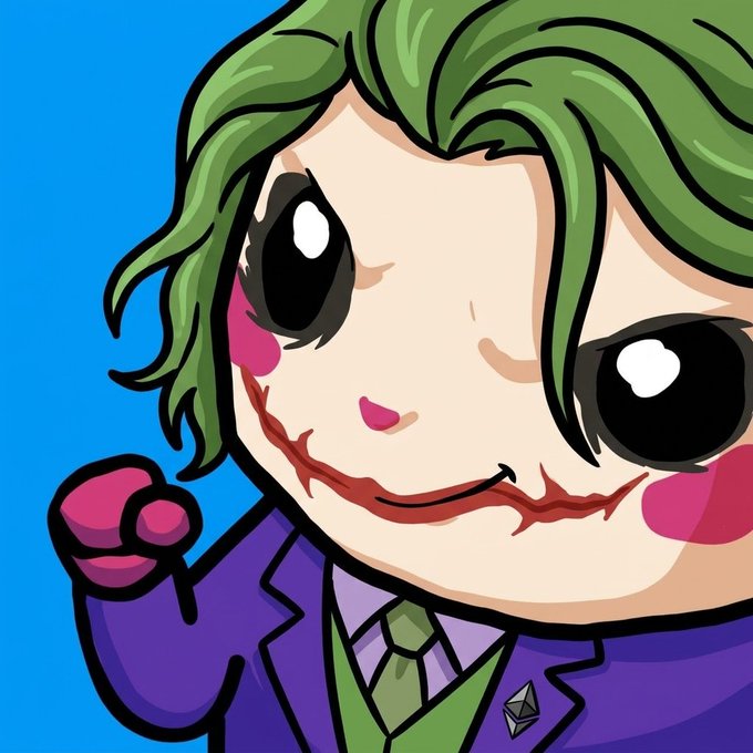 A chibi-style cartoon illustration of a character with green hair, large eyes, a purple suit, and a stitched smile resembling the Joker, set against a bright blue background.