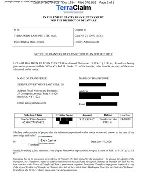 The image is the first page of a Notice of Transfer of Claim filed in the U.S. Bankruptcy Court for the District of Delaware, documenting the transfer of TerraForm Labs' bankruptcy claim (Case No. 24-10070) worth $125,995.67 by Serjur Investment Partners to Tracey Sather on July 10, 2026, supporting the post's claim that smart money investors are purchasing significant amounts of Terra bankruptcy claims.