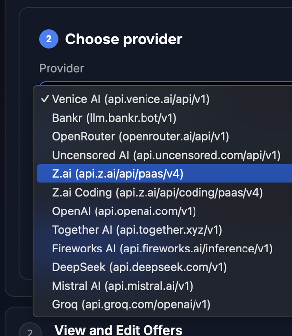 iai-al/apis/4 are displayed, with options for choosing a provider and editing offers.