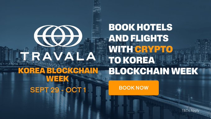 An advertisement for Travala.com promoting 'BOOK HOTELS AND FLIGHTS WITH CRYPTO TO KOREA BLOCKCHAIN WEEK' from SEPT 29 - OCT 1, featuring a cityscape background with a bridge and a 'BOOK NOW' button.