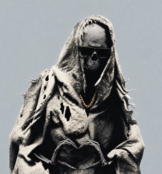 The image depicts a skeletal figure draped in a tattered, hooded robe and wearing dark sunglasses, with a gold chain visible around its neck and skeletal hands holding a heart-shaped object.