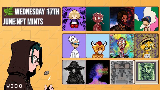 The image features a poster for an event called "Mints" that took place on June 17th at the June Farther NFT mints. The poster includes various images of different characters, such as cartoon characters and people with unique appearances. There is also text on the poster advertising the event and providing details about the Mints collection.