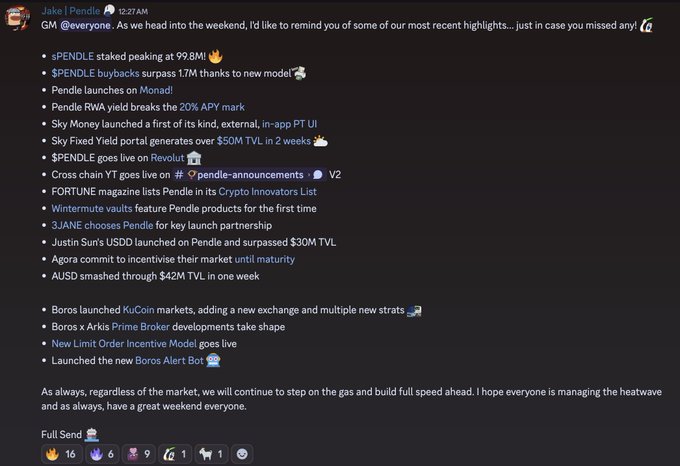 A Pendle team update from Jake (@Pendle) highlighting weekly milestones including $PENDLE staking peaking at 99.8M, $SPENDLE buybacks surpassing 1.7M, 20% APY RWA yield, $30M+ TVL for Justin Sun's $sUSDD, $42M AUSD TVL, and new launches like Sky Money's in-app UI, Boros KuCoin markets, and Wintermute vaults featuring Pendle products—matching the post's "Another week another set of updates" theme.