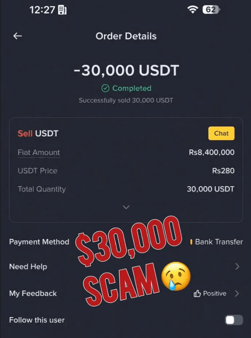 A Binance order details screenshot showing a completed sale of -30,000 USDT for Rs8,400,000 via bank transfer, overlaid with red text reading '$30,000 SCAM' and a crying emoji.