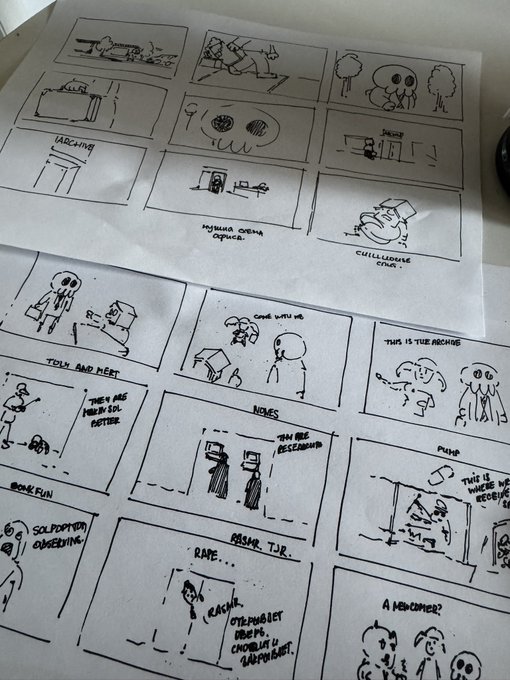 Hand-drawn storyboards featuring various scenes with stick figures and labels including 'ARCHING', 'CHILLERINE CING!', 'TOM AND JERRY', 'YOU ARE RESEARCHED', 'PUMP', 'SOLDIERS GUNBLING', 'RAPE...', and 'A MEMOMER?'