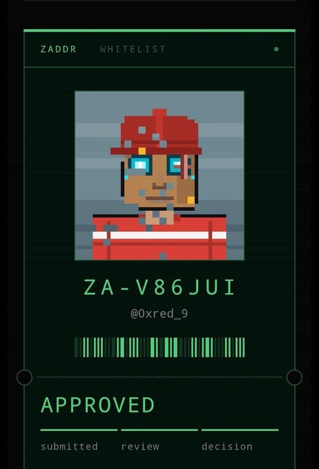 A pixel art ID card displays a character with a red cap and red shirt, the name 'ZA-V86JUI' and handle '@0xred_9', a barcode, and 'APPROVED' in green text under the header 'ZADDR WHITELIST'.