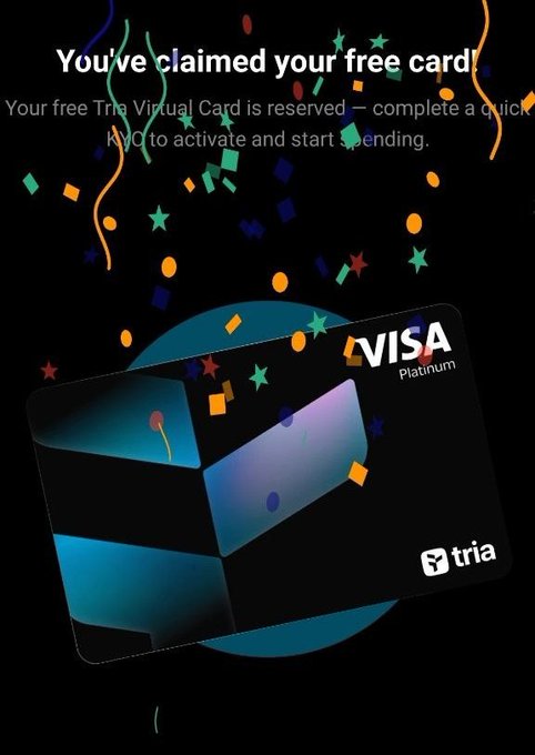 The image shows a Visa credit card with a black background and colorful confetti falling from above. The text in the image reads "You've claimed your free virtual card reserved. Your free virtual card is ready to activate and startending." This suggests that someone has claimed their free virtual card, which is now ready for use.