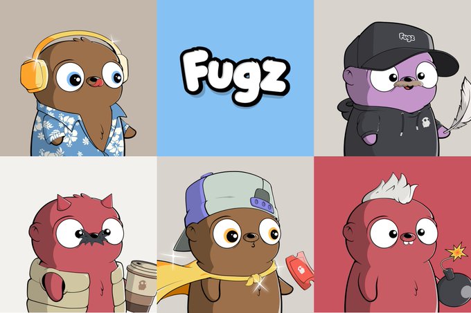 Collection of cartoon NFT characters branded 'Fugz' featuring four creatures with headphones, hats, and various accessories in a grid layout.