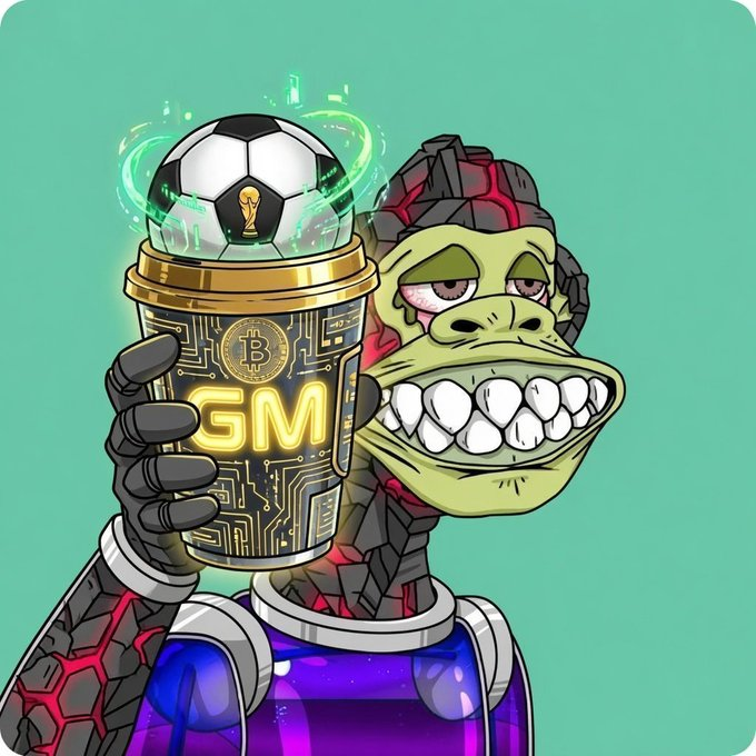 A cartoon ape character holding a glowing 'GM' coffee cup topped with a soccer ball, themed around crypto/NFT culture.