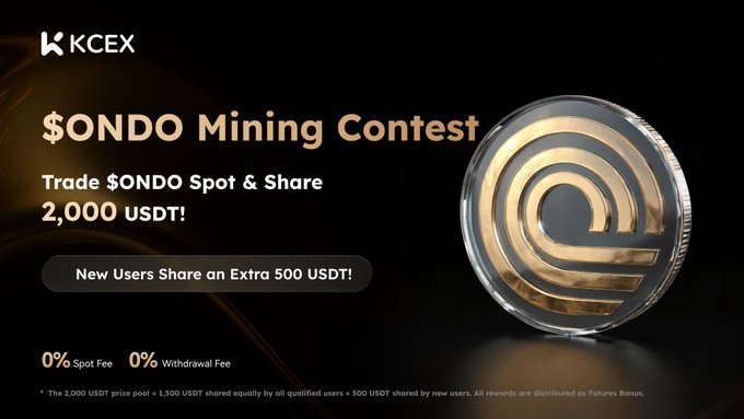 A KCEX promotional banner for a '$ONDO Mining Contest' offering a 2,000 USDT prize pool for spot trading and sharing, with 0% spot and withdrawal fees.