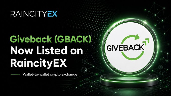The image features a poster for RainCityEx, which promotes giving back with Bitcoin (GBACK) as an example of cryptocurrency exchange. The poster includes a white circle with green text that reads "GIVEBACK GBACK" and "NOW Listed on RaincityEX". Below this, there is a black background with the words "RainCityEx" written in blue letters at the bottom. In the image, there are two coins: one labeled "GBACK" and another labeled "SOLANA", both of which are associated with Bitcoin (GBACK). The text on the poster suggests that these coins can be used to exchange for Giveback GBACK (GBACK) or other cryptocurrencies like Bitcoin (GBACK), making it a valuable resource for those interested in cryptocurrency trading.