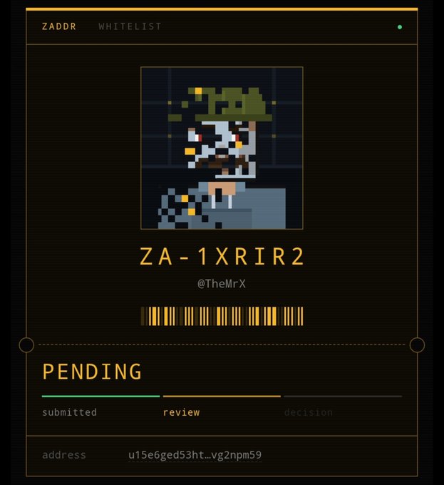 A digital "Pending" whitelist status card for @TheMrX displays their pixelated profile avatar with the identifier "ZA-1XRIR2" and the wallet address "u15e6ged53ht…vg2npm59", showing the request is currently in the "review" stage between "submitted" and "decision" on the Zaddr Whitelist platform.