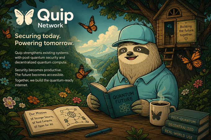 A cartoon sloth wearing a blue cap and shirt reads a book titled "Quantum Future" while sitting at a wooden table with a "Our Mission" checklist, a coffee mug, and stacked books labeled "POST-QUANTUM," "DECENTRALIZED," and "REAL-WORLD USE." The background features a treehouse sign reading "Building the future, together," surrounded by monarch butterflies and lush greenery, with "Quip Network" branding and the tagline "Securing today. Powering tomorrow." alongside text explaining how Quip strengthens existing systems with post-quantum security and decentralized quantum compute—directly illustrating the post's theme of preparing the internet for the quantum era by reinforcing rather than replacing current infrastructure.