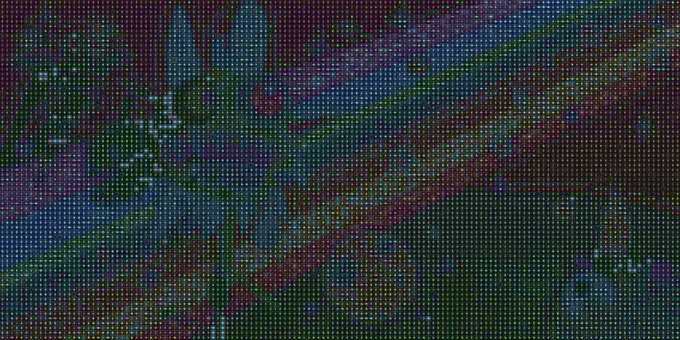A dark, pixelated/noisy image with a faint blue rabbit-like silhouette and indistinct shapes in red and green tones.