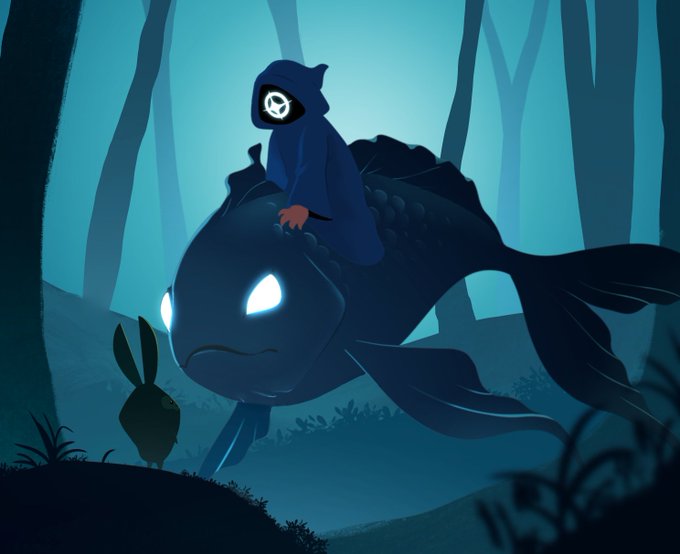 A hooded figure with a glowing geometric symbol rides a massive, glowing-eyed fish through a misty forest, accompanied by a small rabbit-like creature, evoking a mystical, otherworldly atmosphere that complements the magical theme of the Grimoire NFT collection.